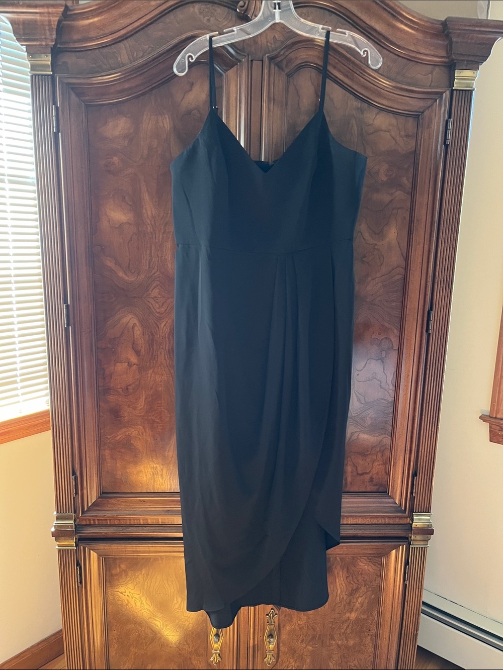 Lulu's Black Midi Slip Dress with Draped Skirt